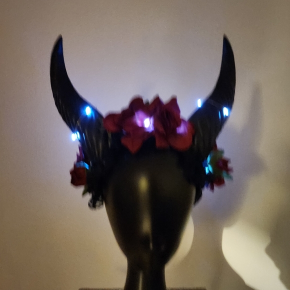 Krampus Horns Straight Up Tall Devil Demon Headband Red Rose Costume Head Piece - Picture 5 of 9